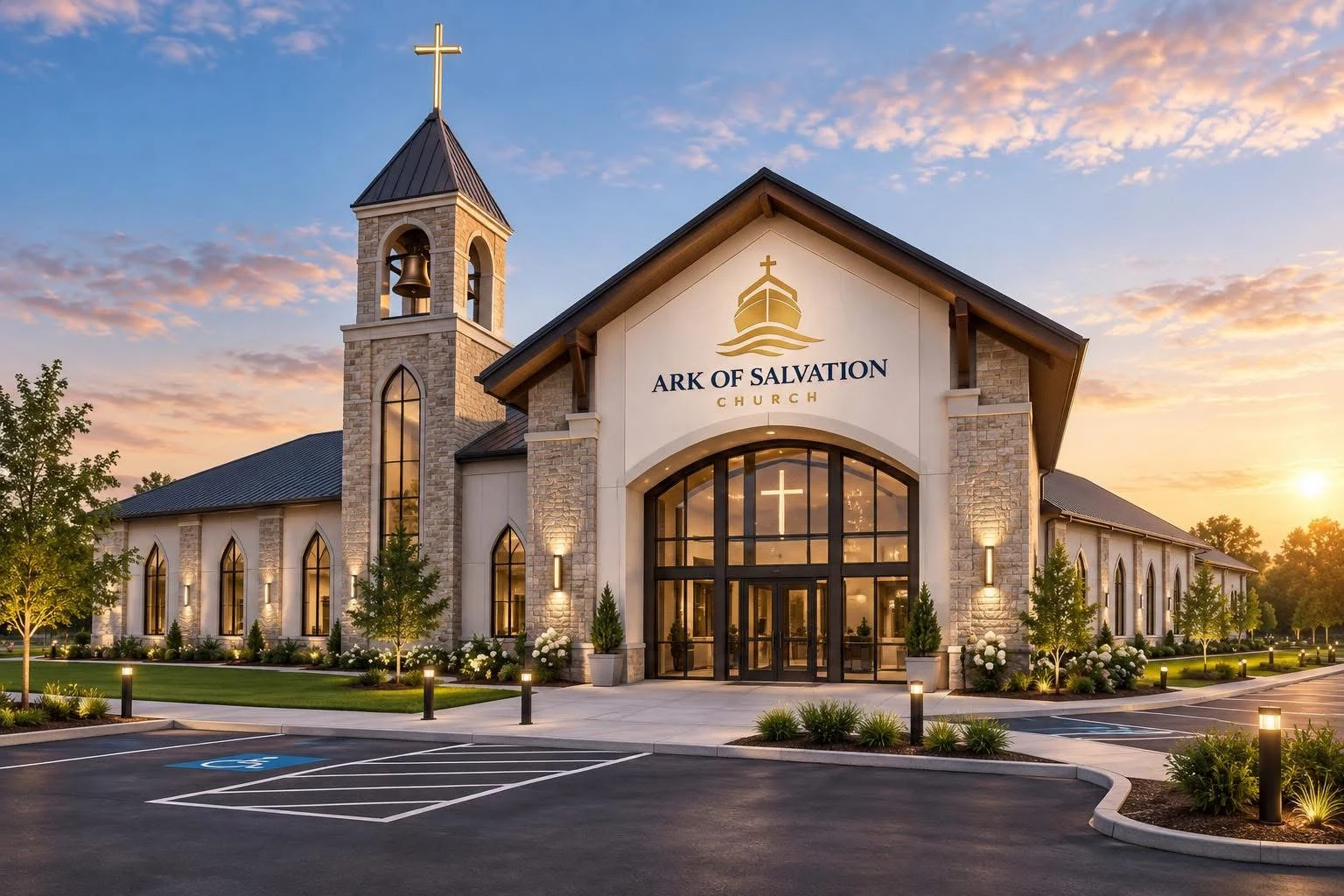 Architectural rendering of the envisioned Ark of Salvation Church with a cross-topped bell tower